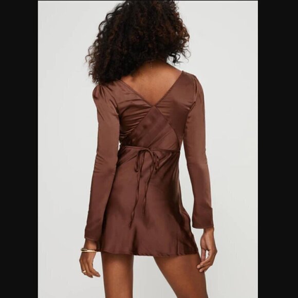 Princess Polly Nellie Chocolate Brown Satin Long Sleeve Mini Dress 0 - Picture 5 of 10